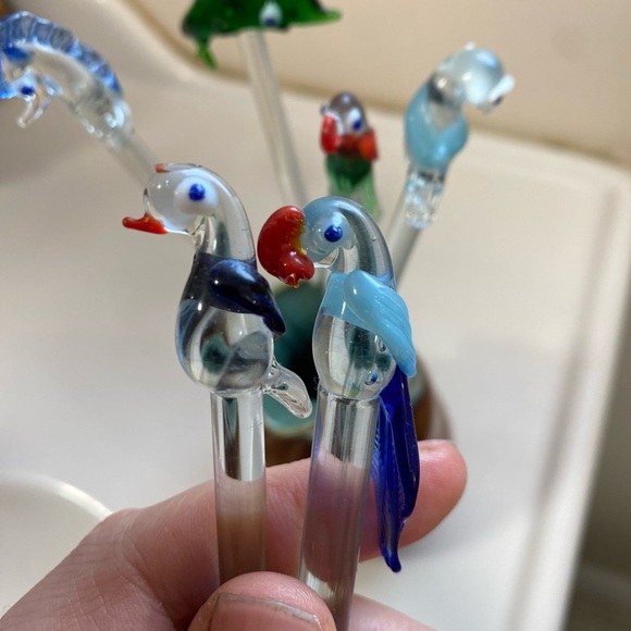 6 Assorted Set Hand Blown Glass Swizzle Sticks for Cocktails - Picture 3 of 7